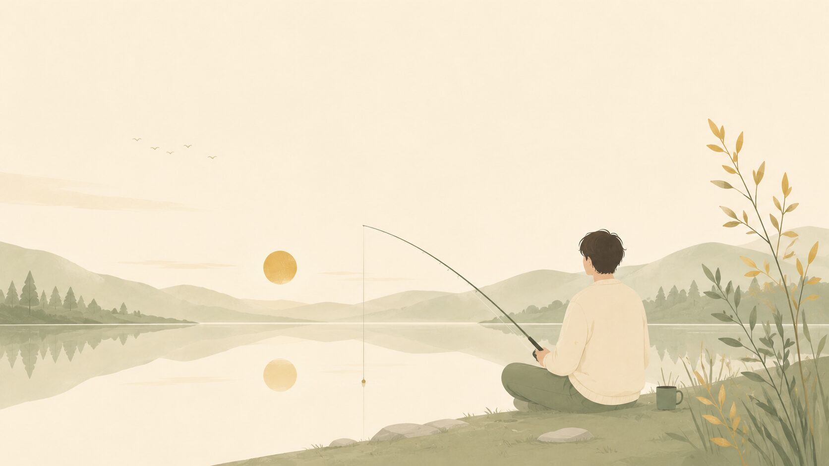 待つ強さのイメージ:静かな湖でのんびり釣り糸を垂れる人