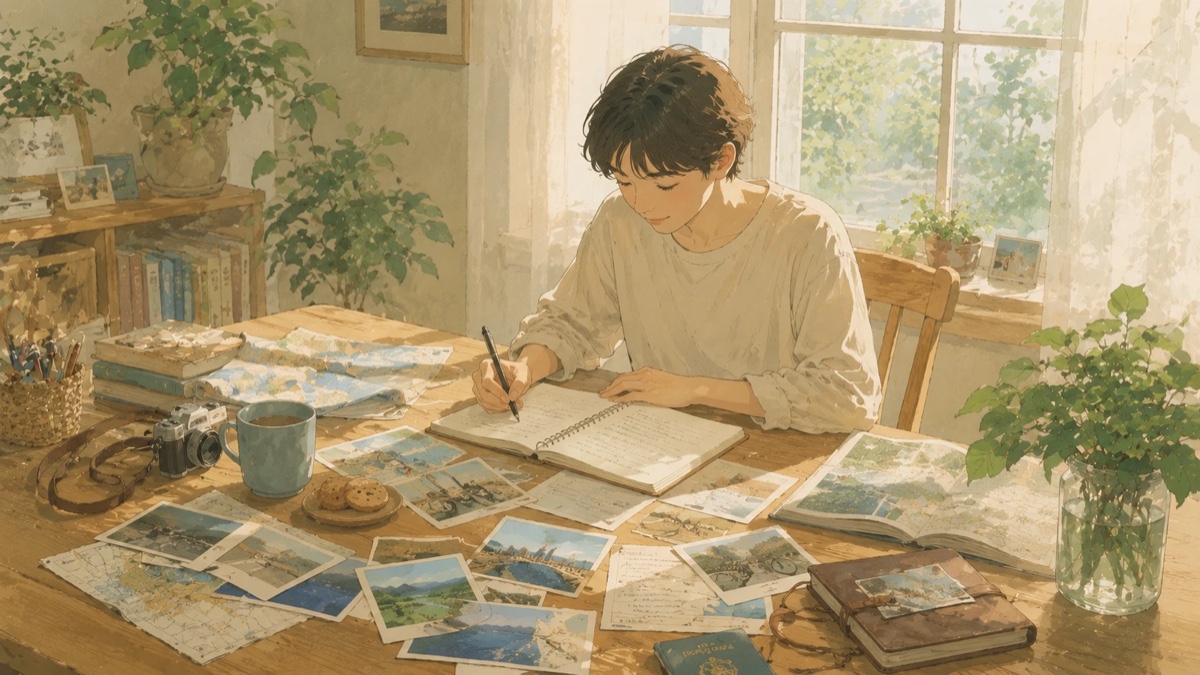 机で旅の写真を見ながらこれからの予定を書き出す。人生の季節を計画するイメージ