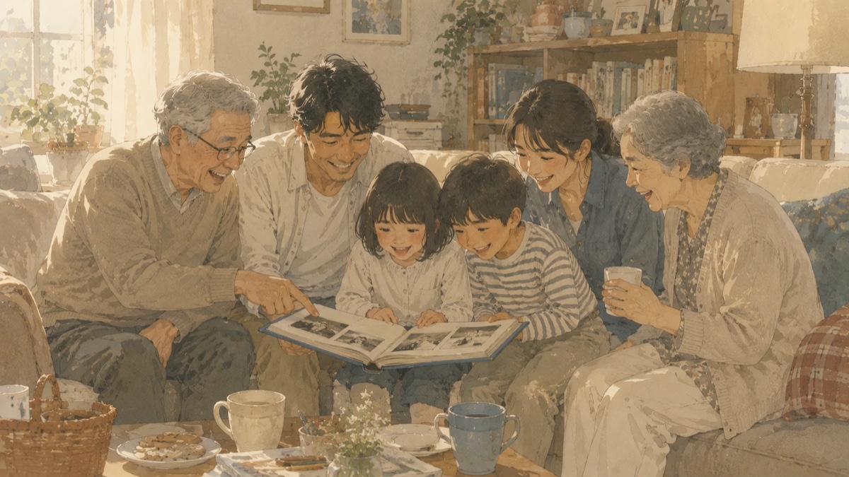 三世代の家族がアルバムを囲んで語らう。生きているうちにお金と経験を分かち合うイメージ