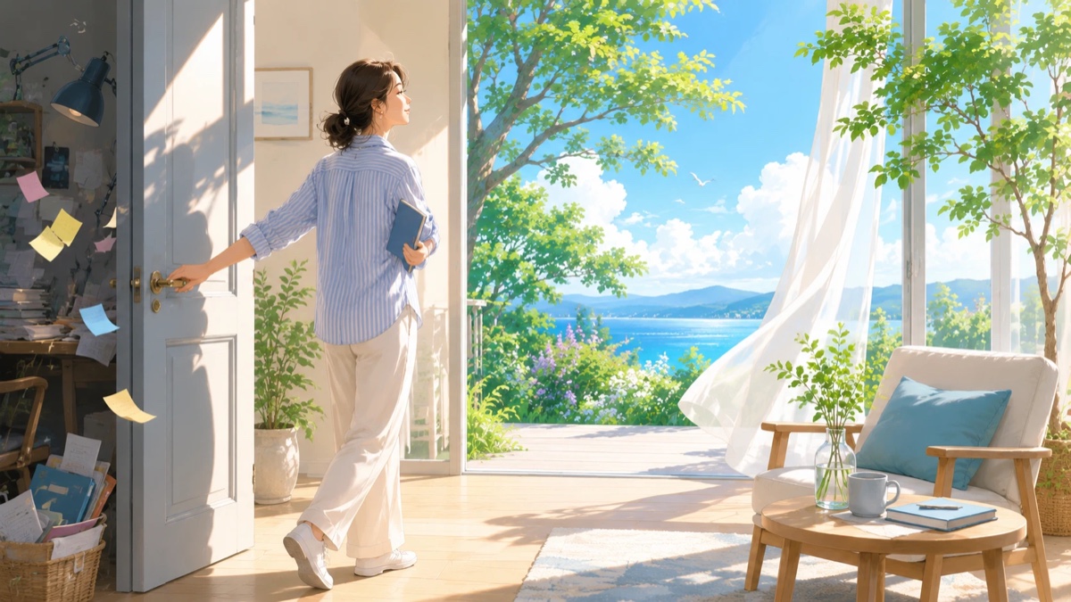 付箋だらけの部屋を後にして、海の見える明るい空間へ歩み出す人。減らして余白をつくるイメージ