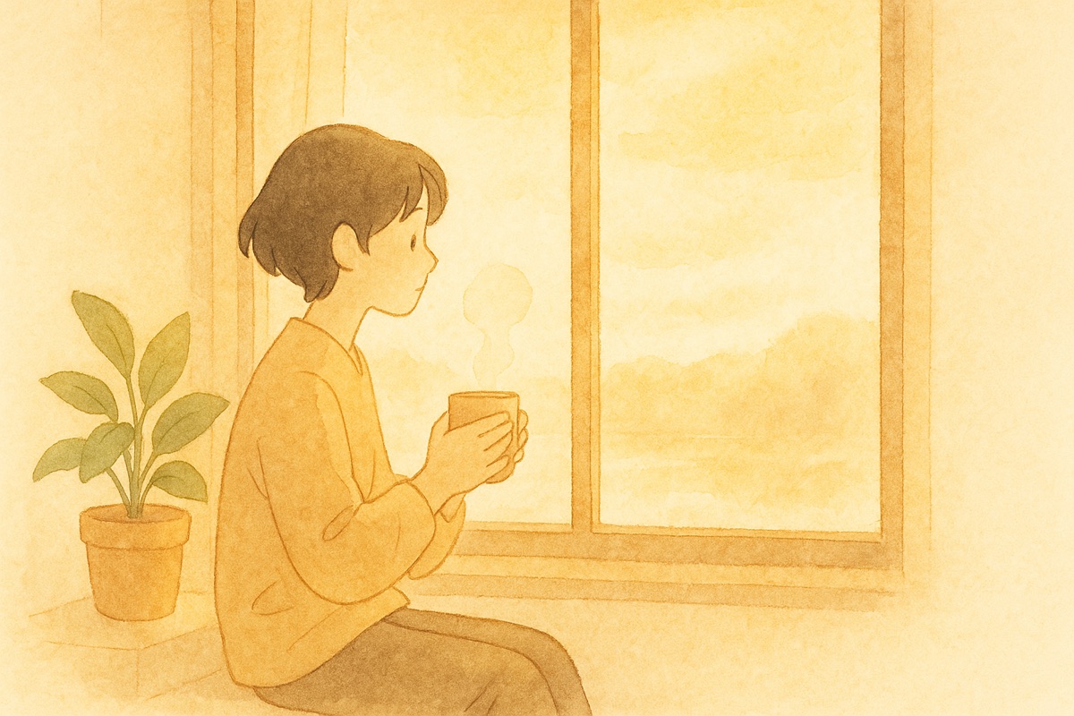 窓辺で温かい飲み物を手に外を眺める人。心の平和と満ち足りた暮らしのイメージ