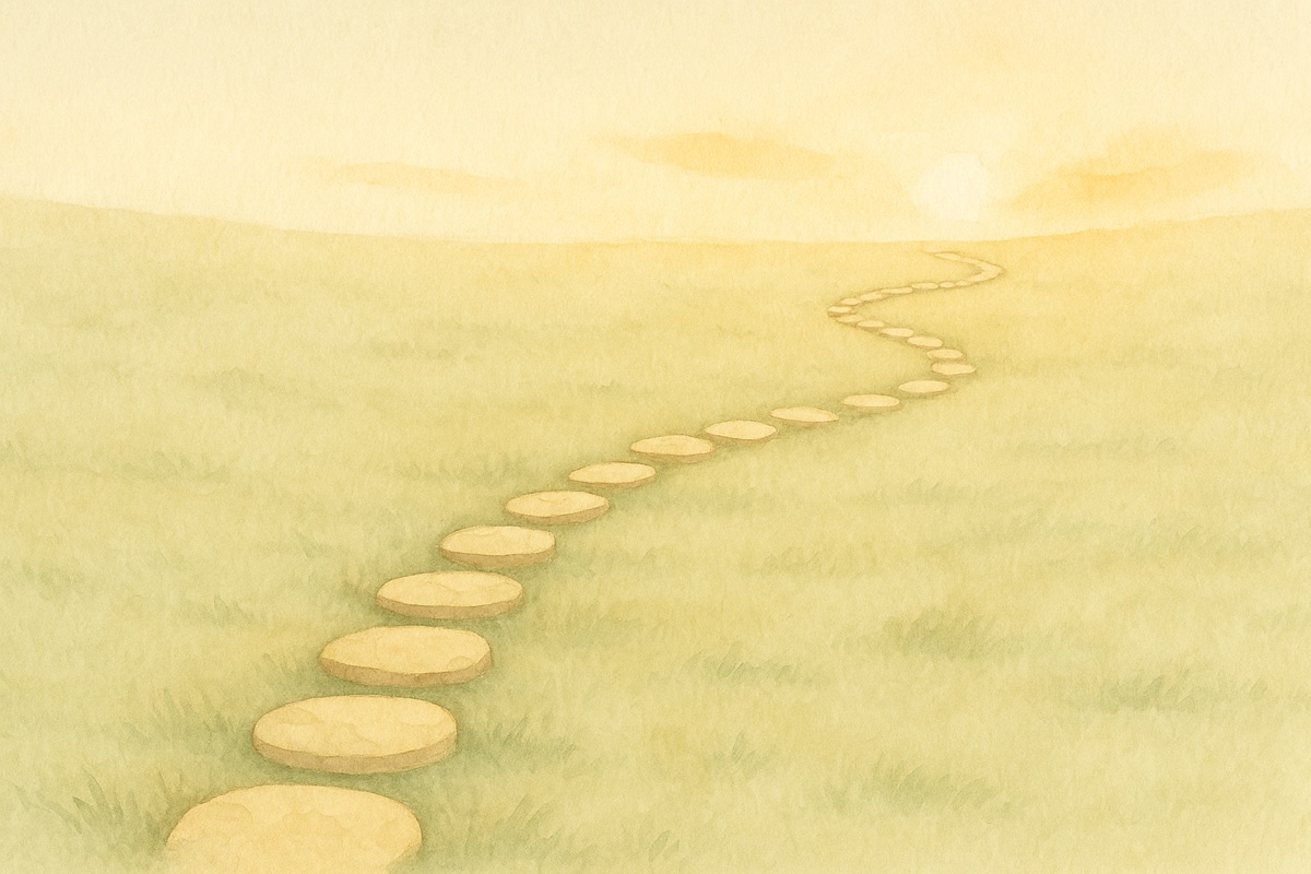 草原に続く小さな飛び石の道と朝日。小さな選択の積み重ねが最高の人生をつくるイメージ