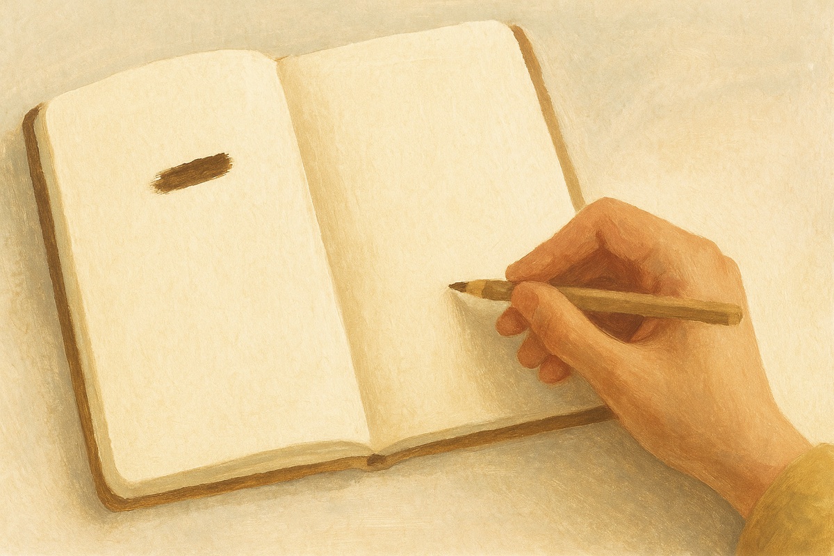 余白の多いページと、余白に書き込む手。自分の語録に書き換えていくイメージ