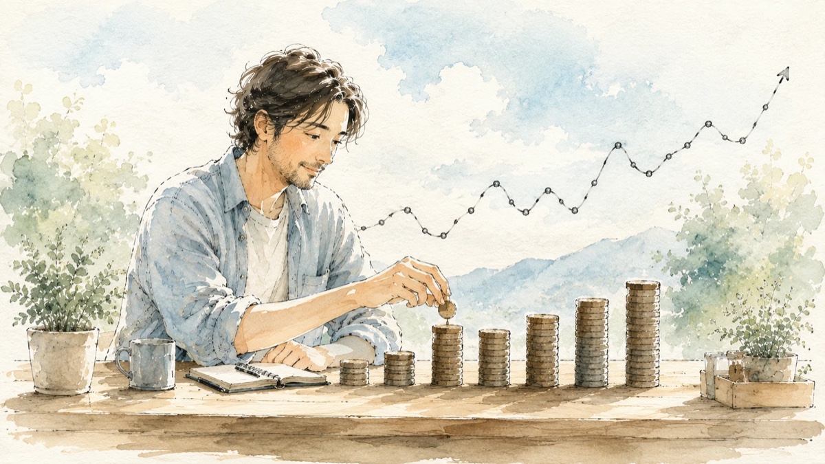 相場の波に動じず、淡々とコインを積み上げる男性。続けて買うことのイメージ