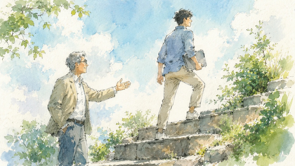 石段を上る若手に手を差し伸べて見守る先輩。恐怖でなく成長で動かすイメージ