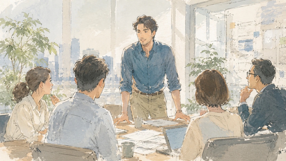 明るいオフィスで落ち着いて会議をリードする人。感情でなく役割で動く「リーダーの仮面」のイメージ