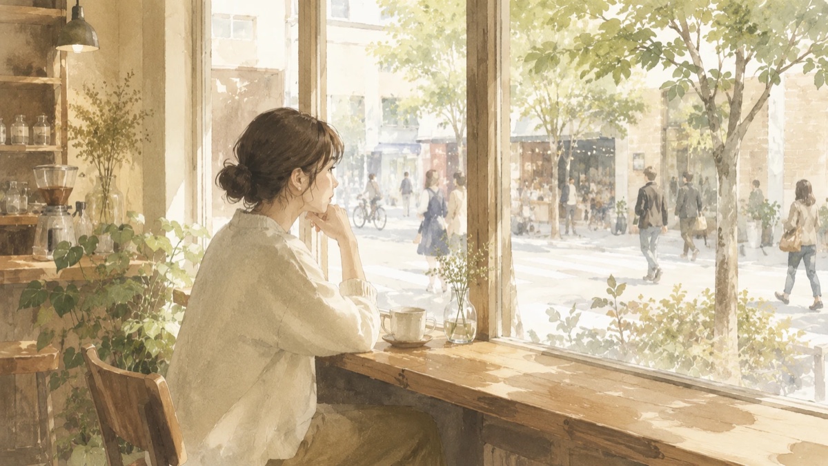 明るいカフェの窓際で、外を行き交う人々を穏やかに眺めながら考えごとをする人物。決めつけずに観察するイメージ