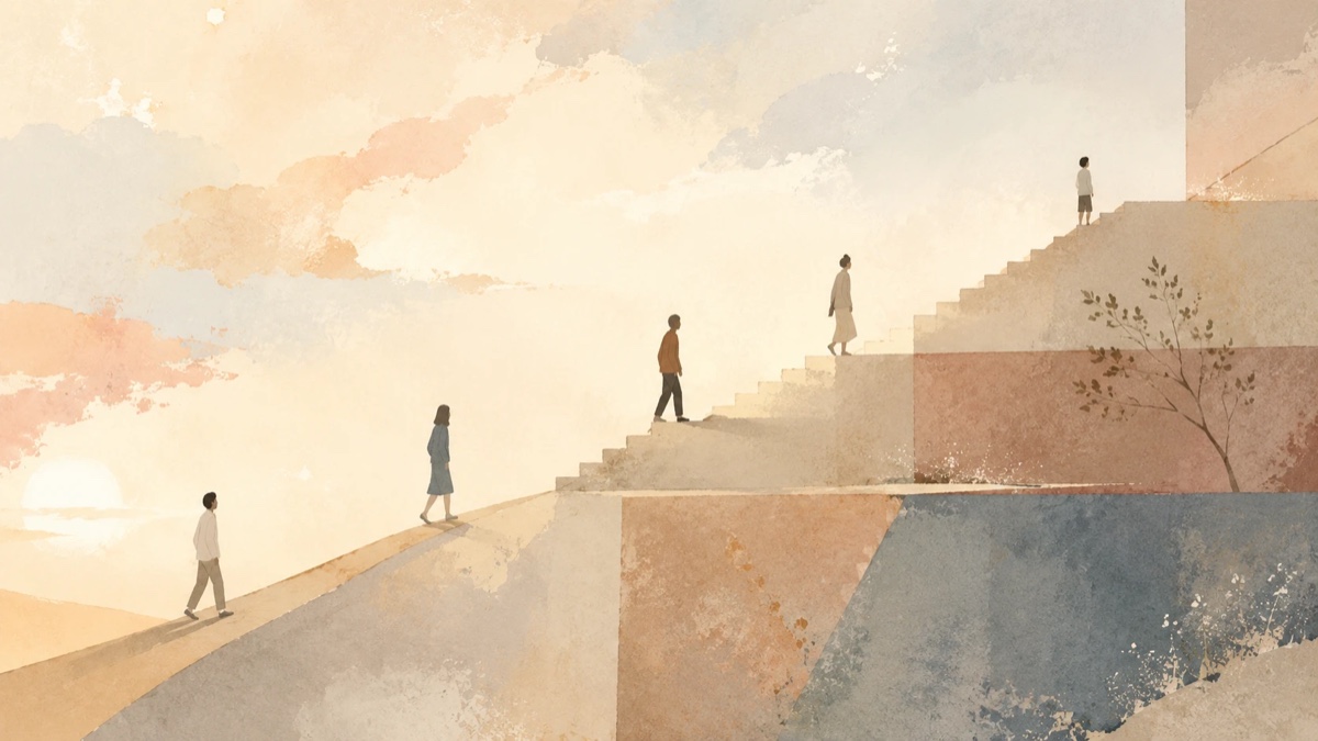 段階の異なる階段を、それぞれのペースで上っていく人々。夕日のなか、人の“段階の違い”を象徴する抽象的なイメージ