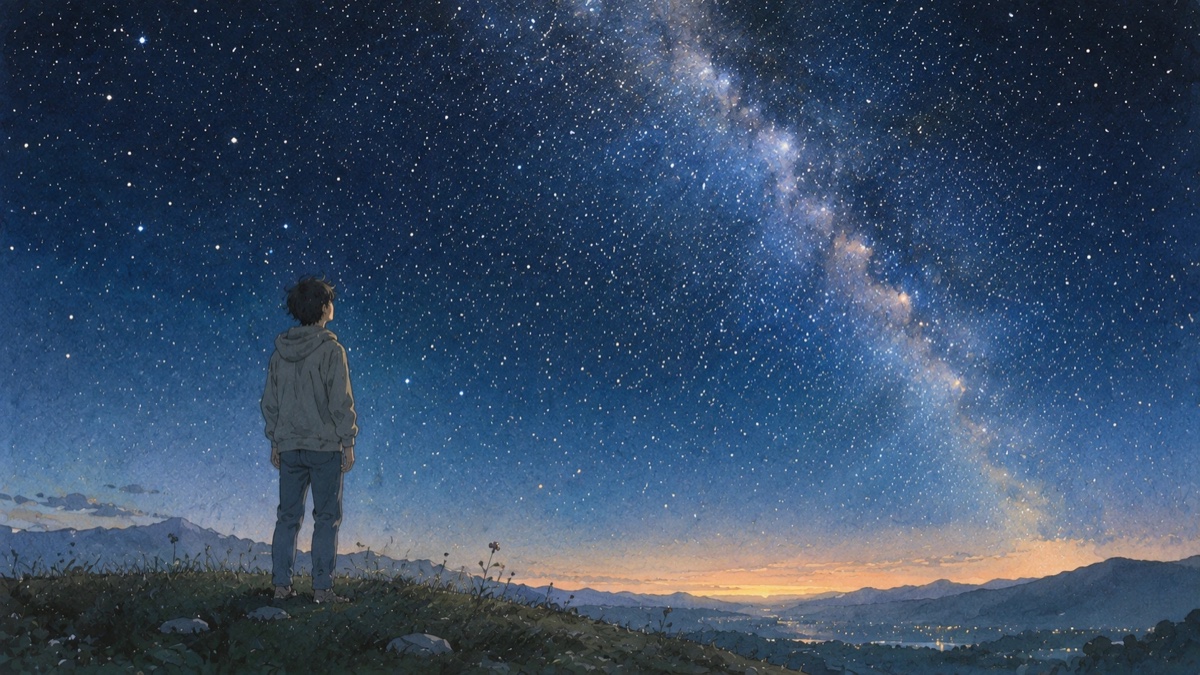 丘の上から天の川と満天の星を見上げる人物。宇宙の広がりに知的好奇心をかきたてられるイメージ