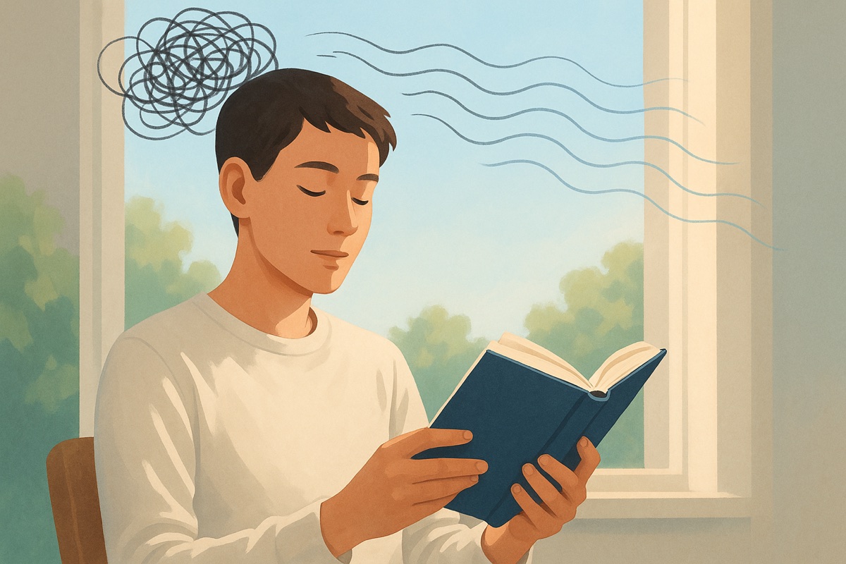 読書に没頭する人の頭のまわりで渦巻く不安な考えが静まっていく様子。読書が反芻思考を鎮めるイメージ