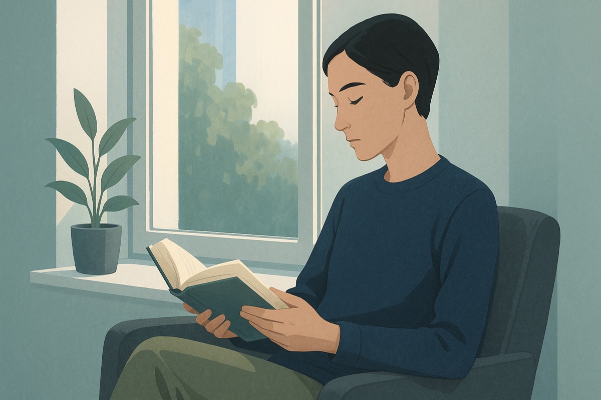 明るい窓辺で紙の本に集中して読む人。スマホを置いて紙の本に向かう静かな時間のイメージ
