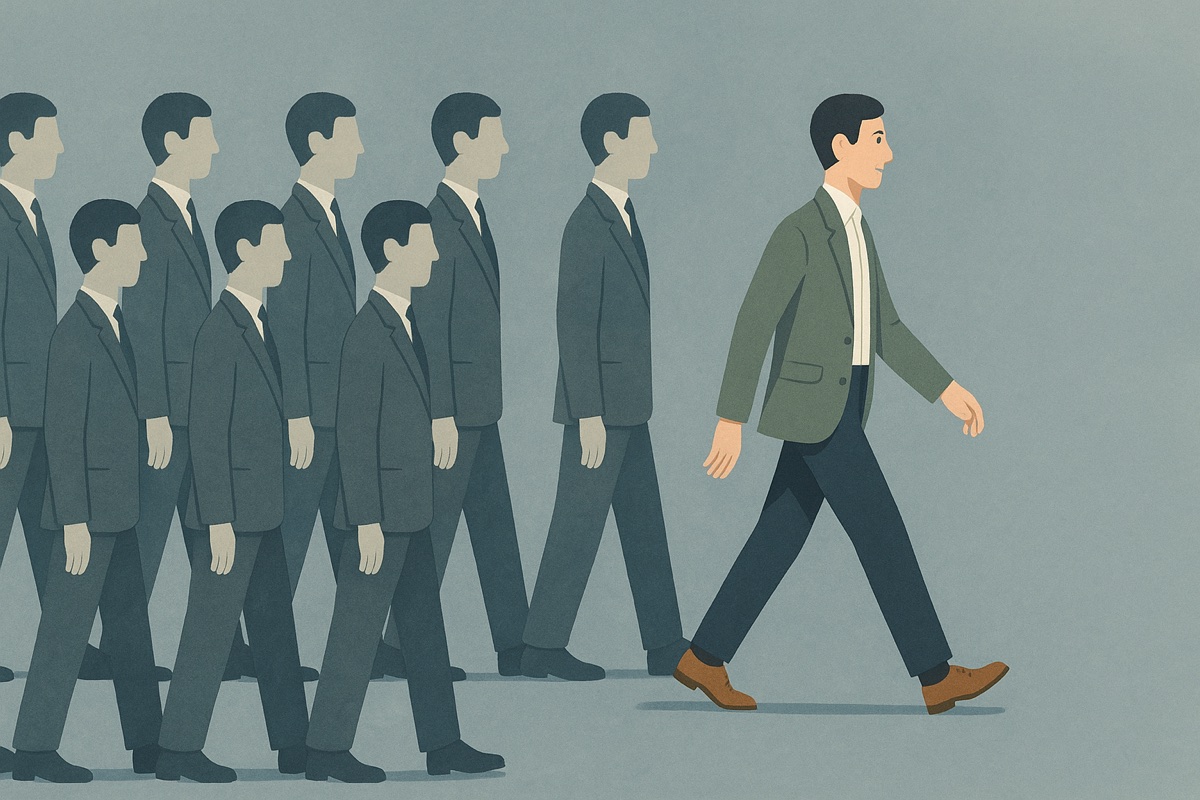 画一的な列から一歩外へ踏み出す人。独創性と非同調を表すイメージ