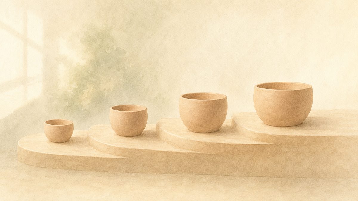 ゆるやかな四段の台に、左から右へ少しずつ大きくなる四つの素焼きの器。世界を分断ではなく連続した四つの所得レベルで見るイメージ