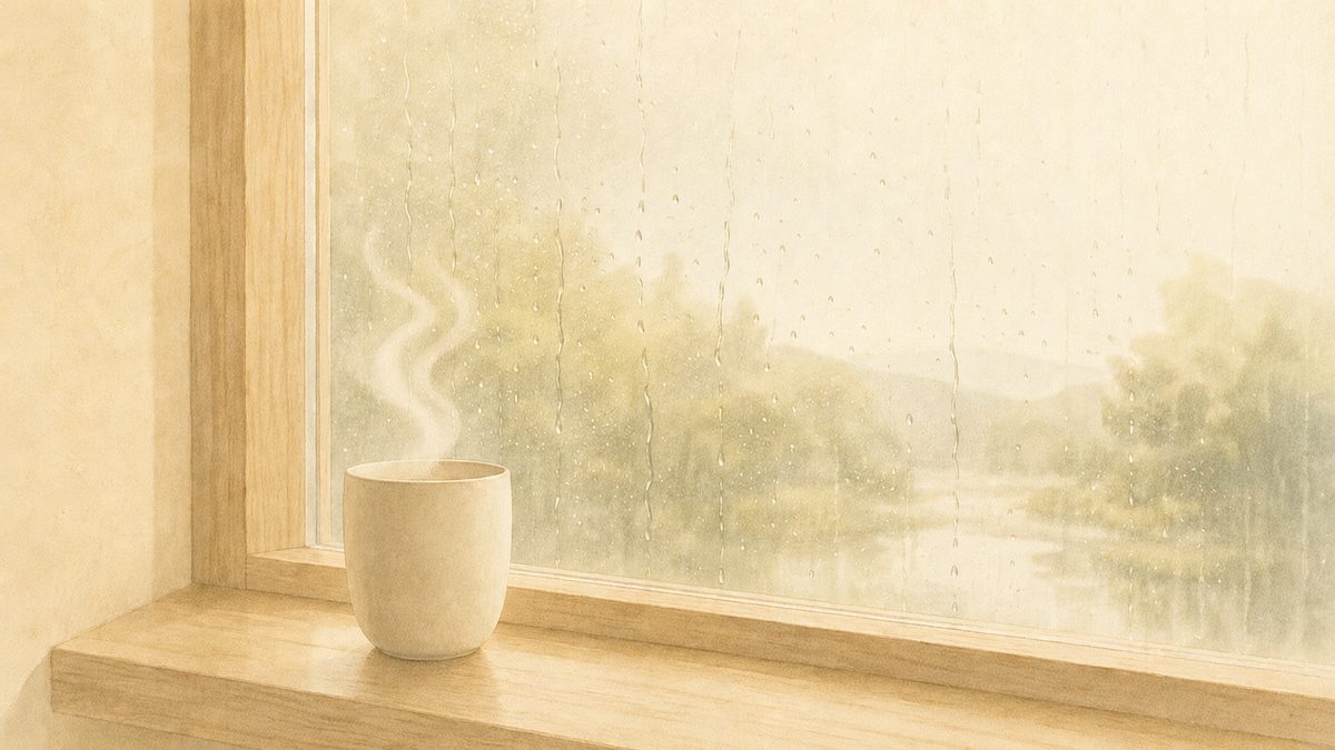 明るい昼の雨の窓辺。外は雨で霞み、内側の窓台には湯気の立つカップ。外の嵐を内側に持ち込まない境界線のイメージ