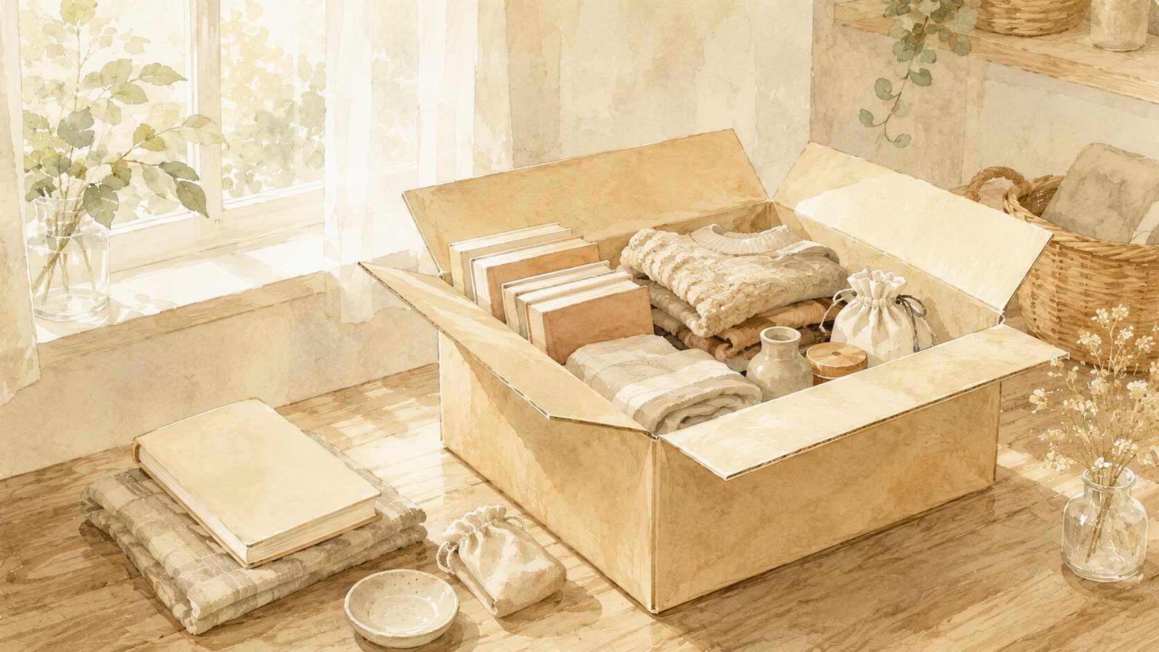 明るい窓辺の部屋で、本や衣類が次の人へ渡るように丁寧に箱へ納められている水彩イラスト