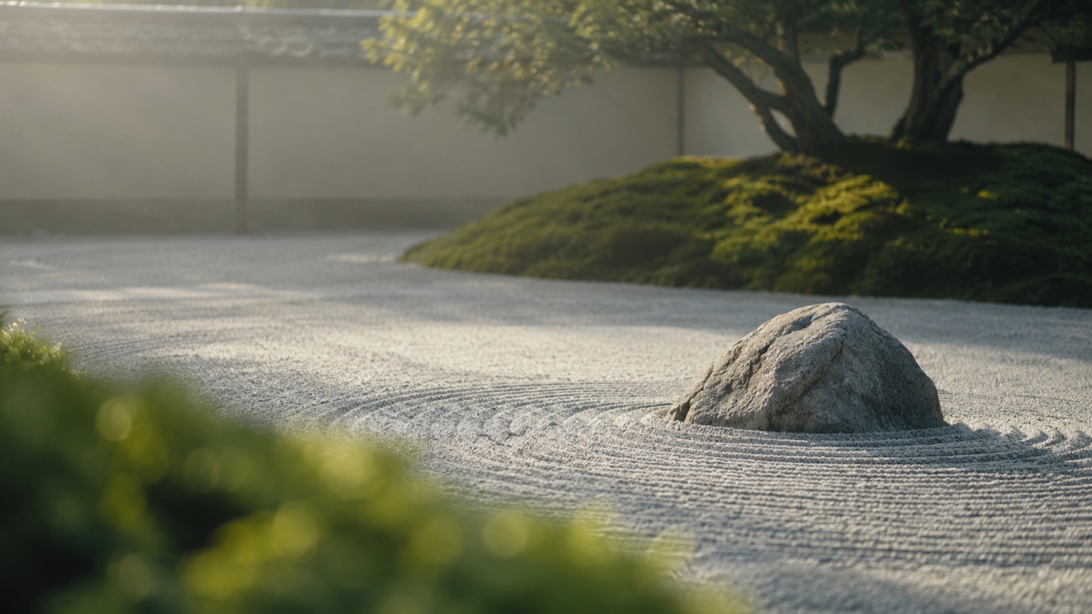 掃き清められた枯山水の砂紋と石 — 話す前にひと呼吸おく静けさのイメージ