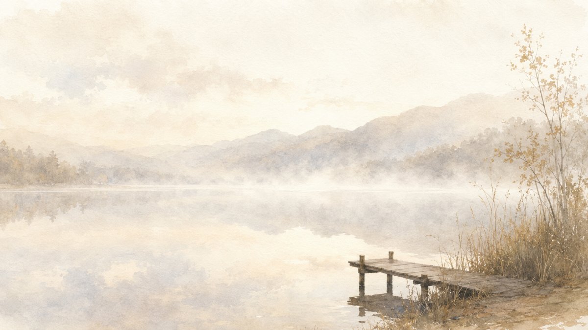朝霧の立ちのぼる静かな湖面と小さな桟橋の水彩イラスト — 話す前の静けさと沈黙のイメージ