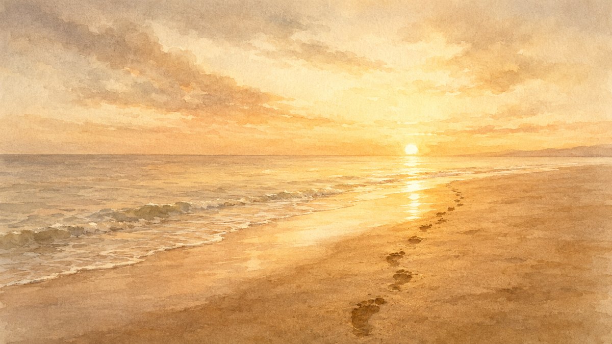 夕日が沈む金色の水平線と、砂浜にひとすじ続く足あとの水彩イラスト — 思い出を残して人生を使い切るイメージ