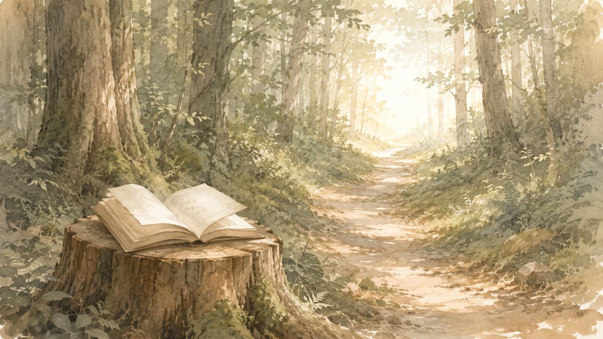 木漏れ日の差す森の小道と切り株の上の開いた本の水彩イラスト — 読書が連れて行く「深さ」への入口のイメージ