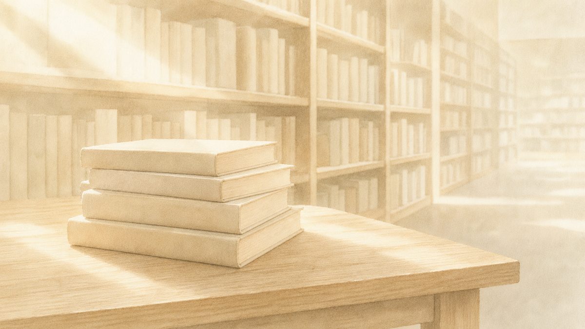 明るい書斎の机に積まれた本と、奥へ淡く霞みながら続く本棚。読書だけがたどり着ける深さのイメージ