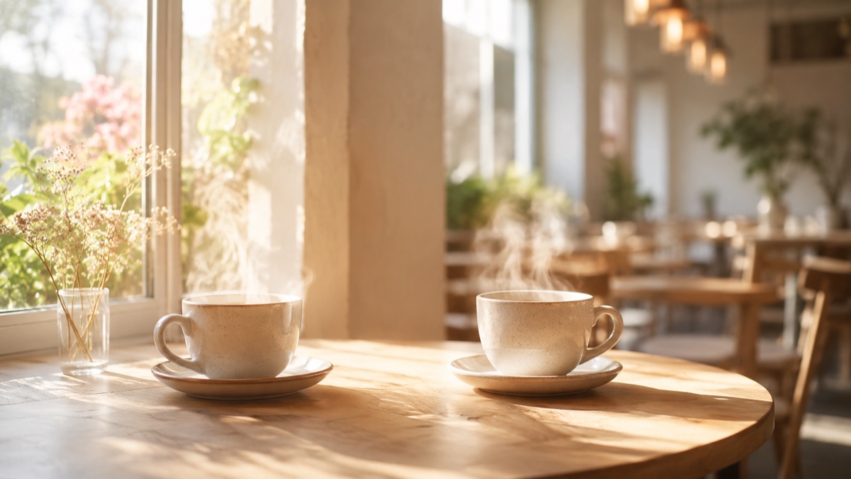 明るいカフェの窓辺のテーブルに向かい合う、湯気の立つコーヒーカップ二客 — 会話がはずむ前の穏やかな空気のイメージ