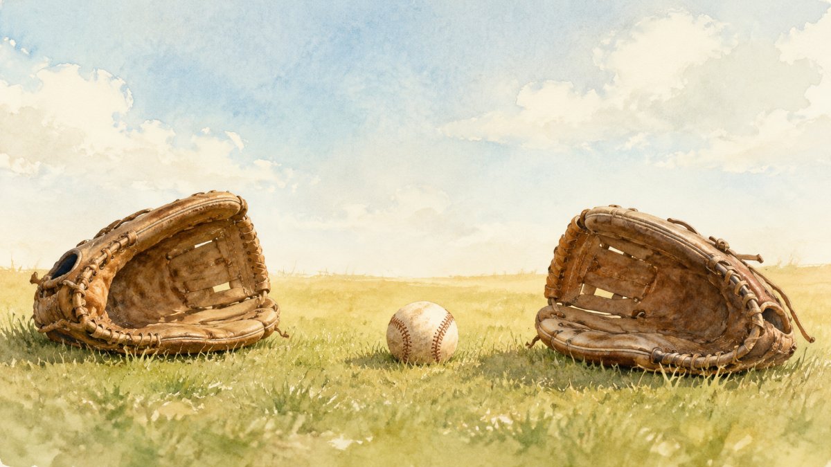 青空の下、芝生に向かい合わせに置かれた2つの野球グローブとボールの水彩イラスト — 会話のラリーのイメージ