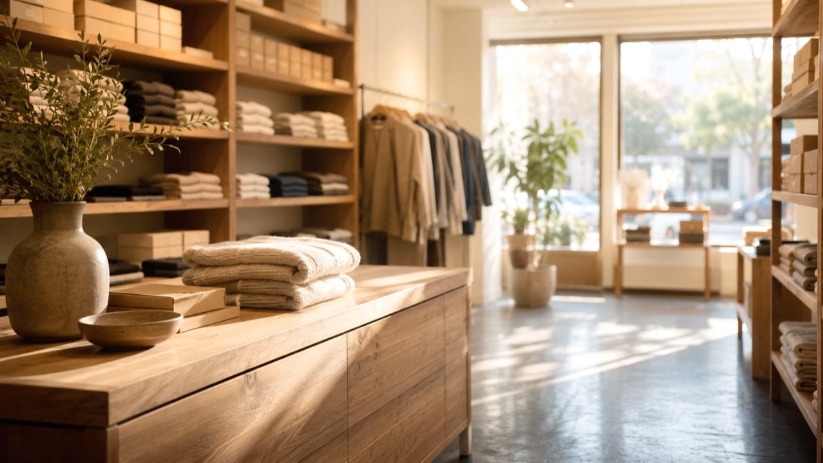 朝の光が差し込む、整然と商品が並んだ小さなショップの店内 — 仕組みと環境整備が店をつくるイメージ