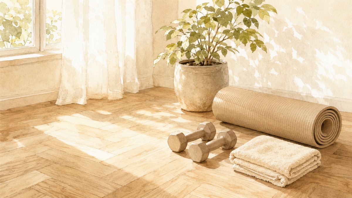 朝の光が差し込むヘリンボーンの床にダンベルとトレーニングマットが置かれた部屋の水彩イラスト — 暮らしに根づく運動習慣のイメージ