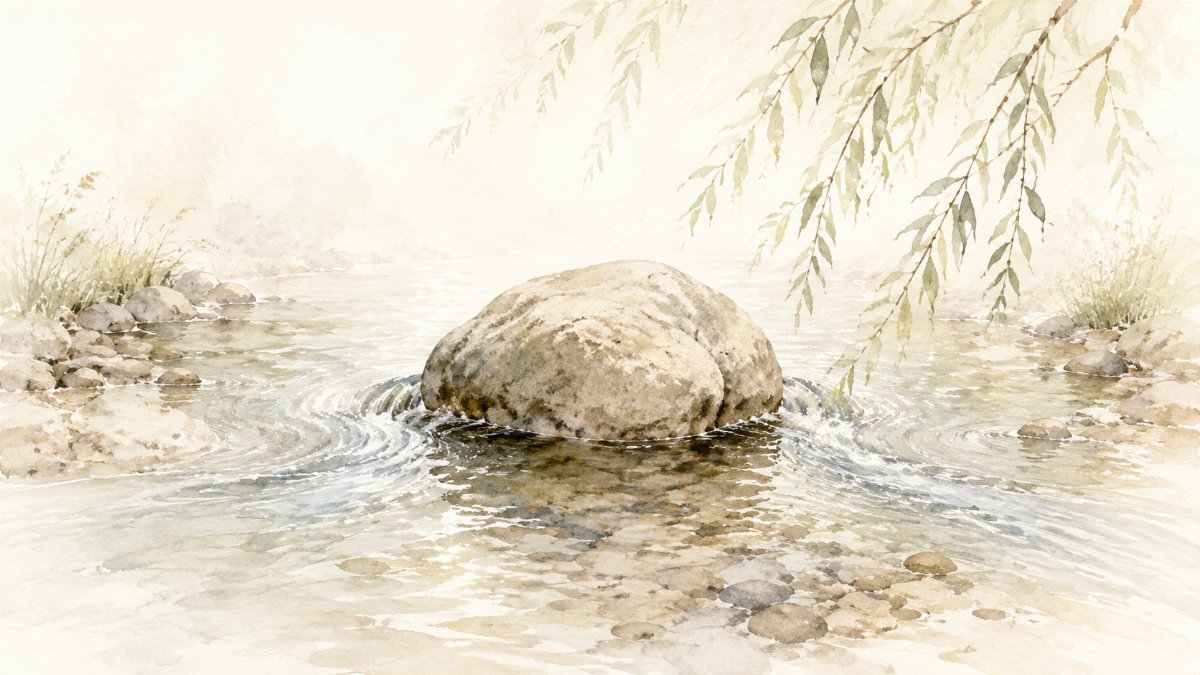 小川の流れが丸い石を静かによけて流れていく水彩イラスト — 我慢ではなく受け流す心のイメージ