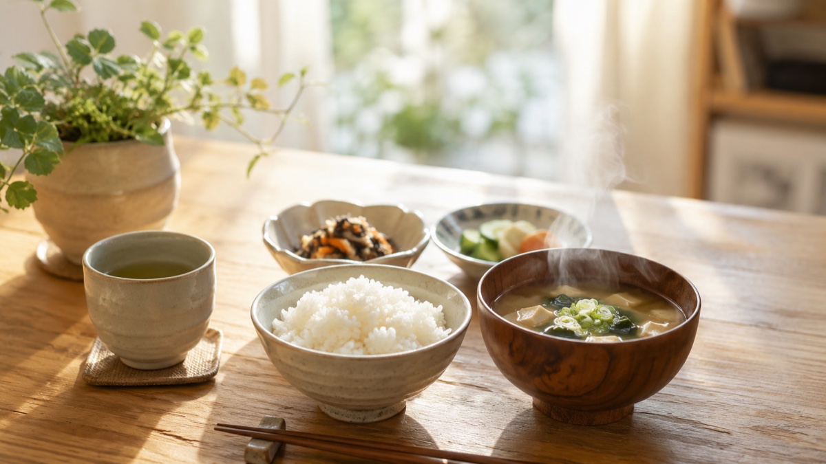 朝の光が差す食卓に並ぶご飯・味噌汁・小さな副菜・お茶と観葉植物 — お金をかけなくても満たされる暮らしのイメージ