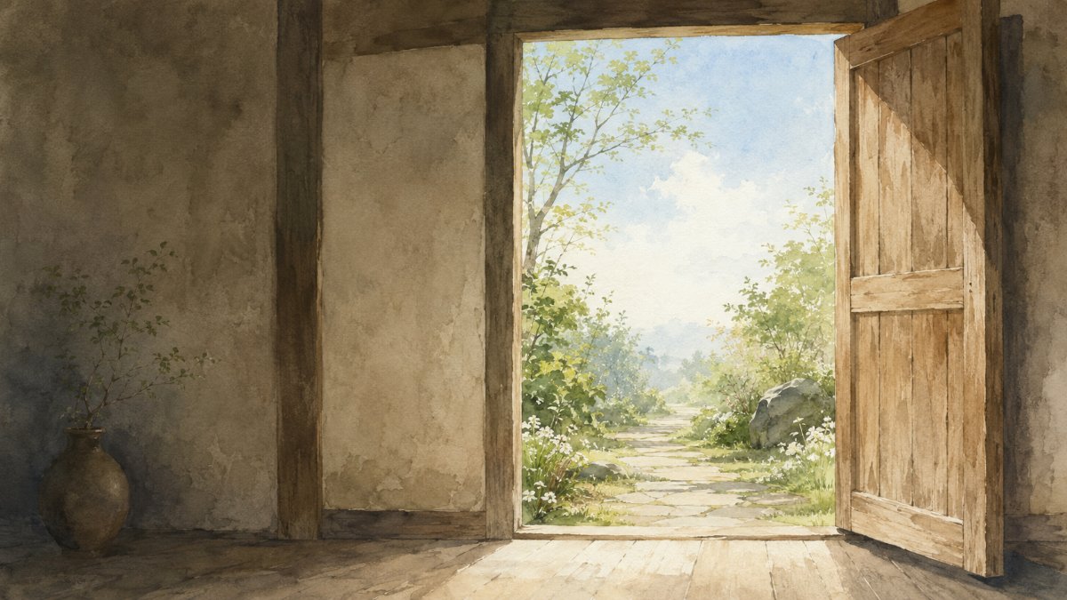 開かれた木の扉の向こうに朝の光と庭が広がる水彩イラスト — 心の扉が開き、新しい見方へ踏み出すイメージ