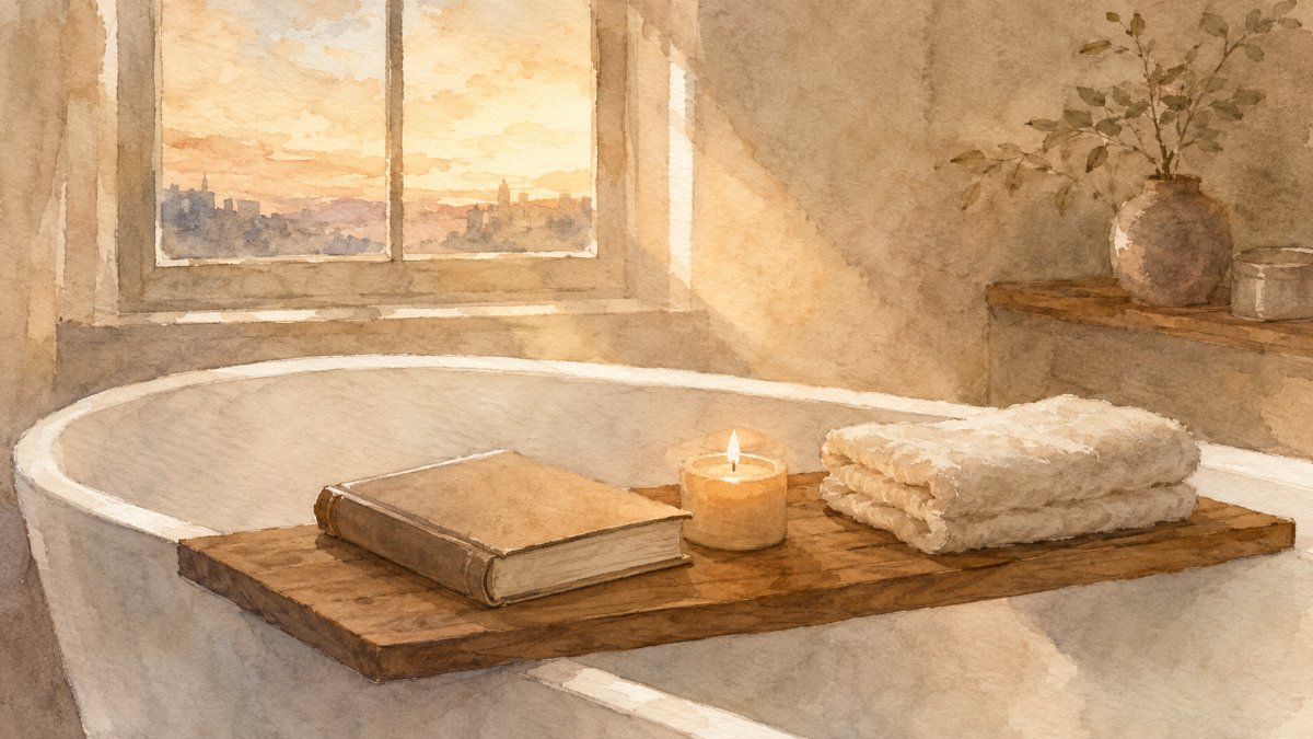 夕暮れの光が差すバスルームで、バスタブトレイに本とキャンドルを載せた水彩イラスト — 1日をリセットする自分だけの時間のイメージ