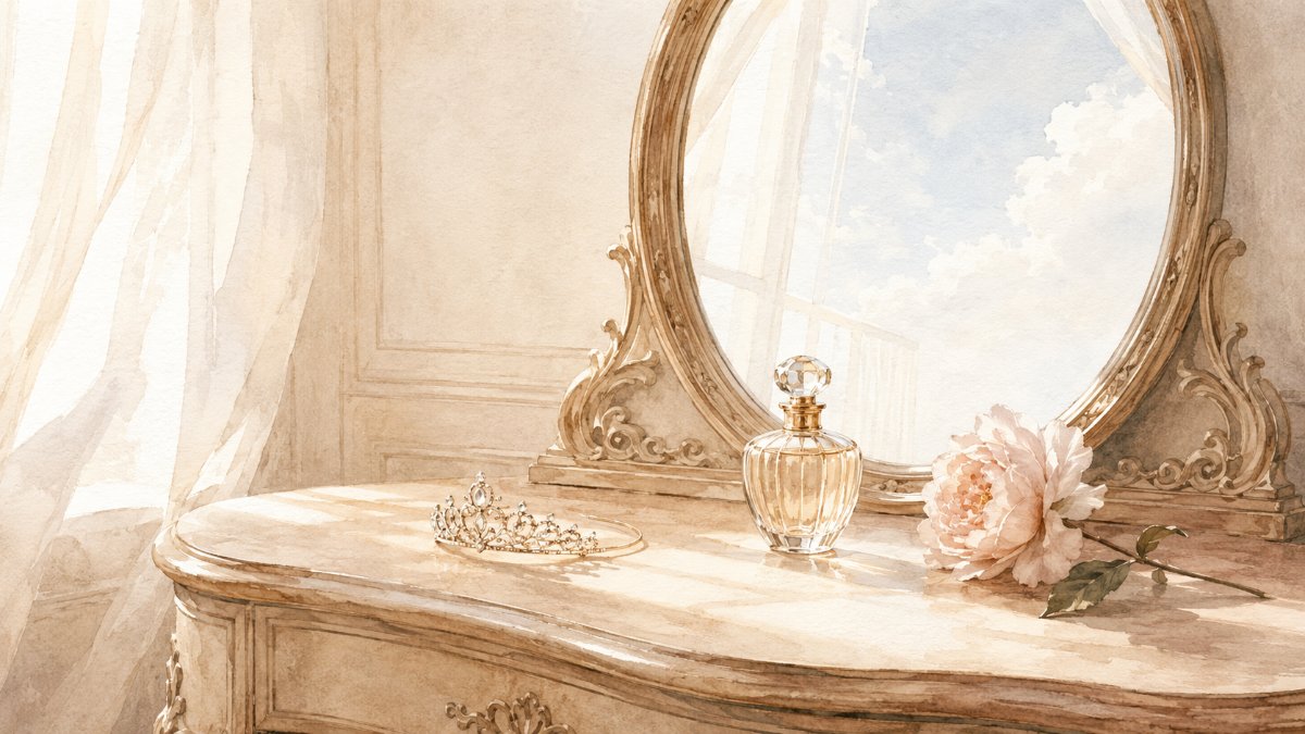 朝の光が差すドレッサーに置かれたティアラと香水瓶の水彩イラスト — 自分が物語の主人公になる時間のイメージ