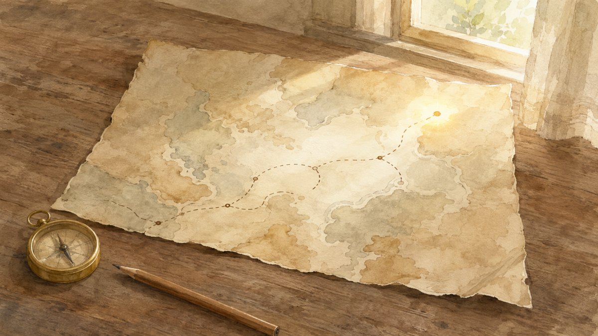 木のテーブルに広げた地図と真鍮のコンパスの水彩イラスト — ゴールを定めて逆算する旅の始まりのイメージ