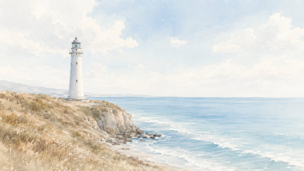 青空と穏やかな海を背に立つ岬の白い灯台の水彩イラスト — 変わらないものの頼もしさのイメージ