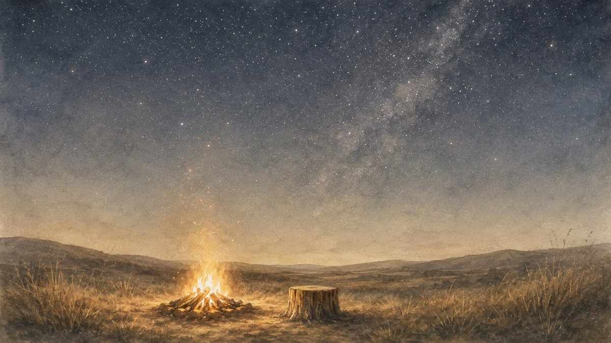 星空の下で暖かく燃える焚き火の水彩イラスト — 太古から変わらない人間の本能のイメージ