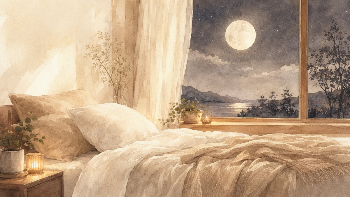 窓の外に満月が見える静かな夜の寝室の水彩イラスト — 心地よい眠りへ向かう時間のイメージ
