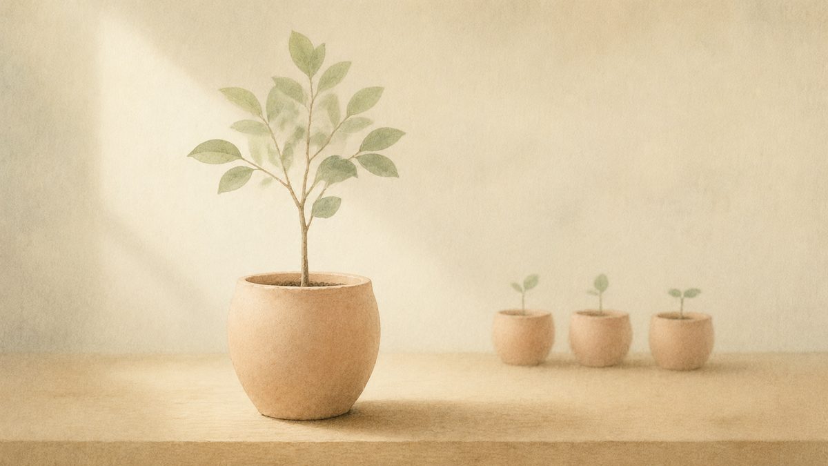 大きな鉢の若木と、その奥に並ぶ三つの小さな芽。一つの集中と三つの要素の掛け算で富が育つイメージ