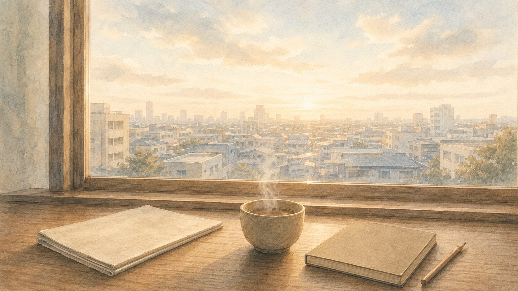 早朝の窓辺の机にお茶と畳んだ新聞、窓の外に目覚め始める街並みの水彩イラスト