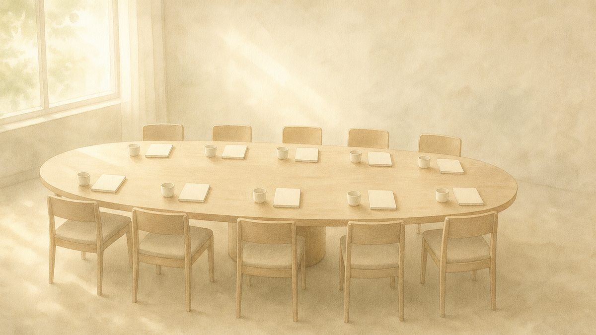 窓の光が差す無人の会議室。整然と等間隔に並ぶカップとノート。感情ではなく役割と機能で動くイメージ