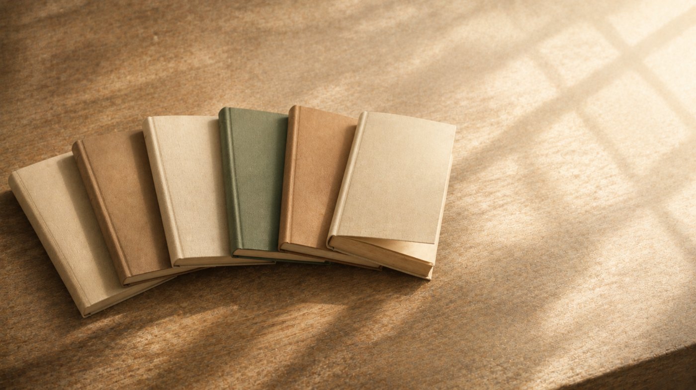 木のテーブルに扇状に広げられた無地の本が数冊。お金・投資のおすすめ本13冊の読書ガイドのイメージ