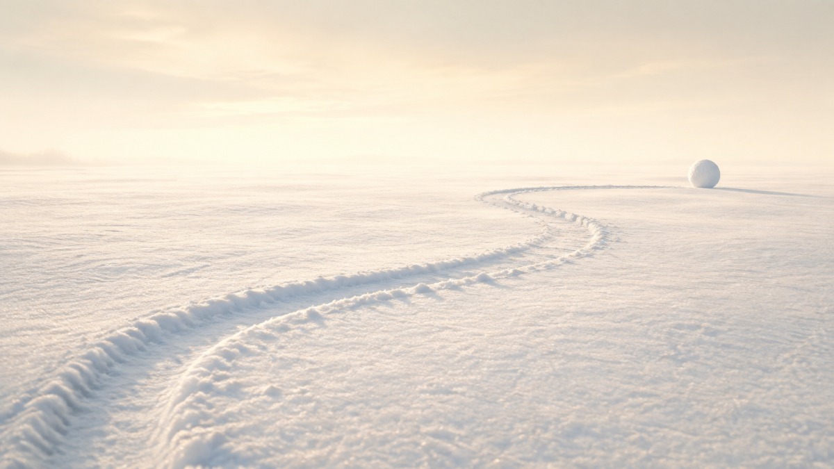 雪原に長く続く雪玉の転がり跡。転がるほど大きくなる複利のイメージ