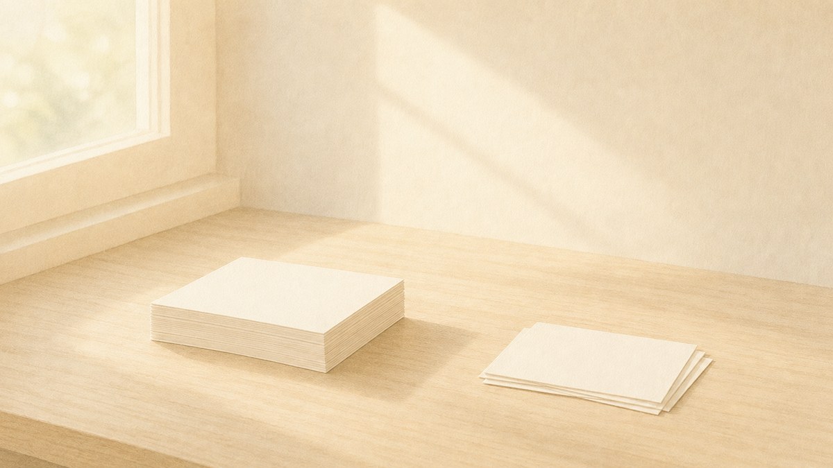 窓辺の机の上で整然と重ねられた無地の白いカードの束と、脇によけられたもう一群