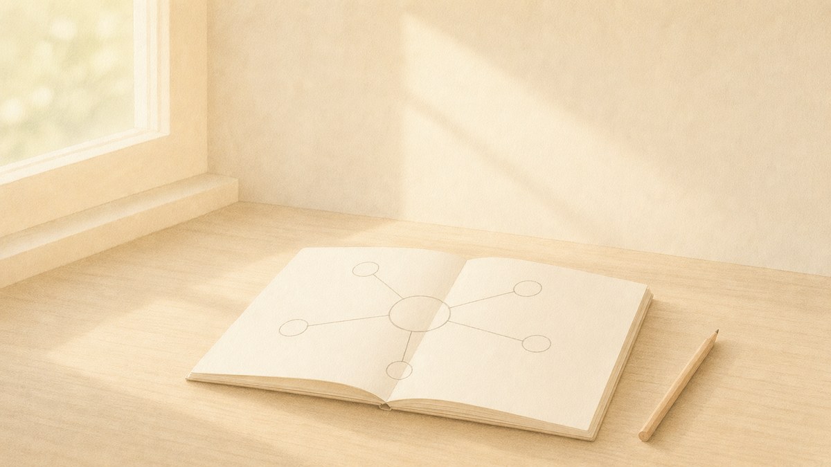 開いたノートの見開きに薄い鉛筆線で描かれた、丸と線だけの簡単な図と一本の鉛筆