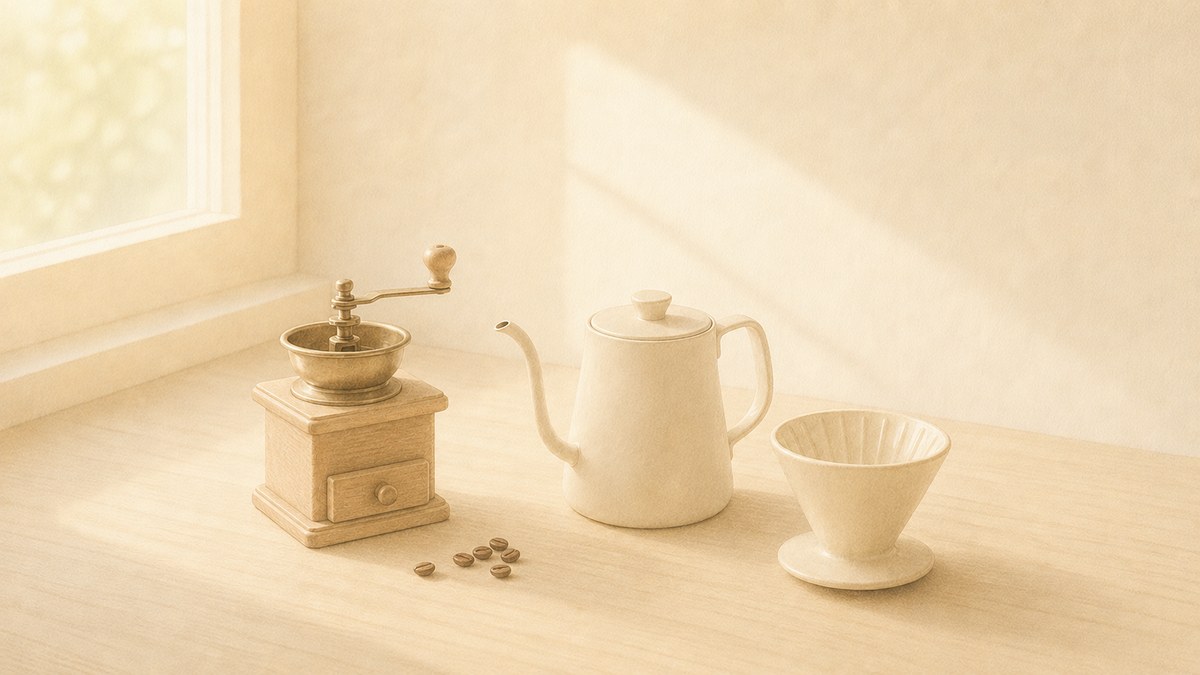 窓辺の机に並ぶ手回しコーヒーミルとコーヒー豆、細口ポットと陶器のドリッパー