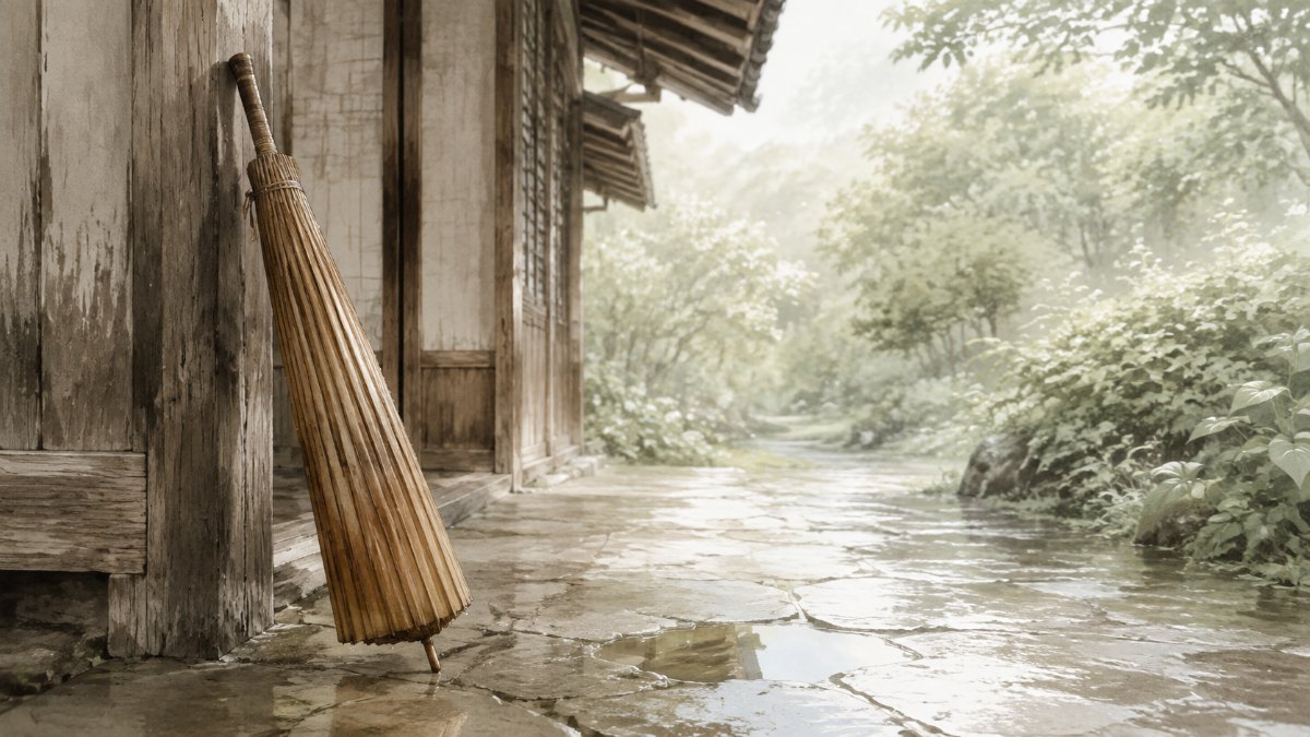 雨上がりの明るい軒下に立てかけられた古い番傘。買い手のリスクを売り手が引き受け信頼を築くイメージ