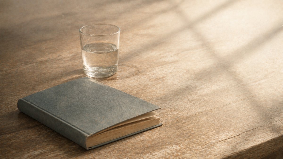 窓辺の木の机に伏せて置かれた本と水を半分入れたガラスのコップ。読みかけで一息つく静かな時間のイメージ