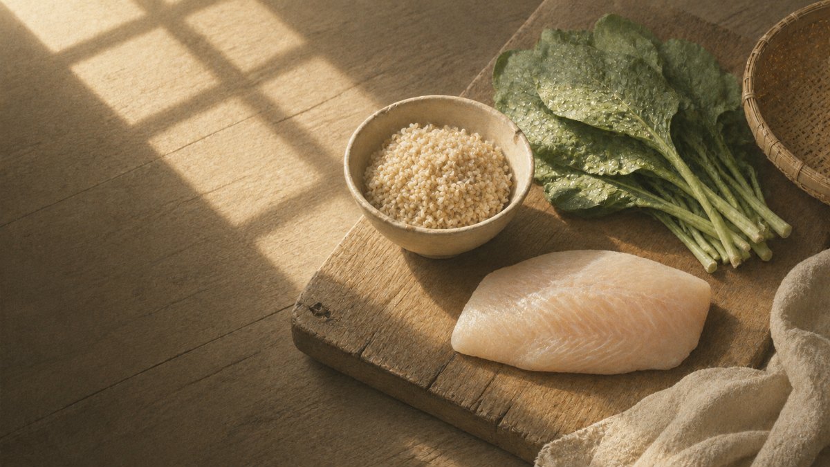 木のまな板に並ぶ青菜・玄米・魚。研究で確かめられた食品を食卓の単位で選ぶイメージ