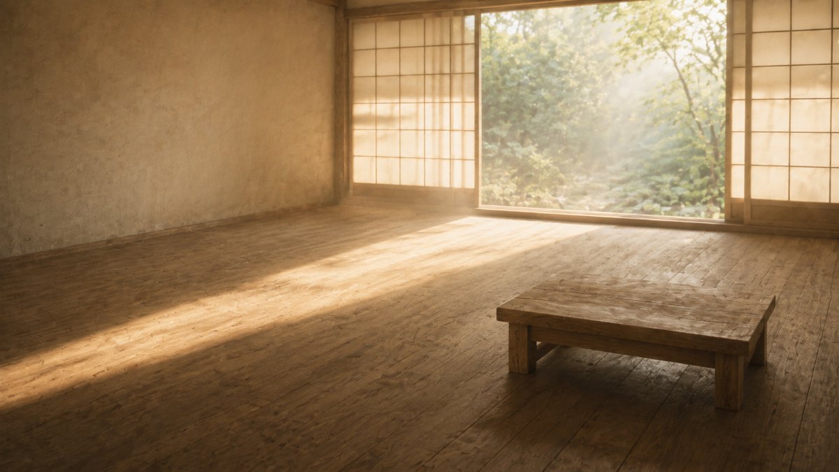 朝の光が差し込む何もない板の間に、低い木の文机がひとつ。拍子抜けするほどシンプルな正解のイメージ