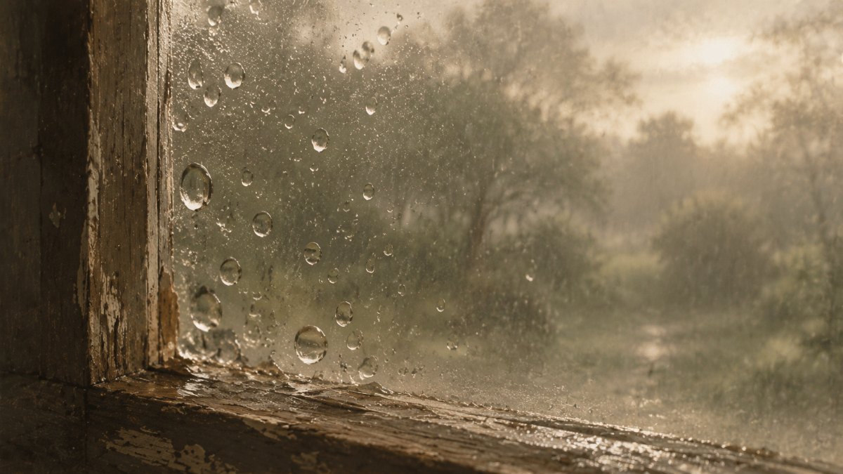 雨上がりの窓に残る雨粒。一粒ごとに外の景色を違う像で映す、意味は自分で与えるものというイメージ